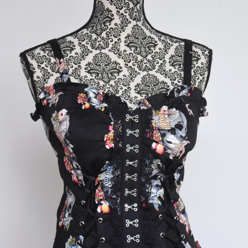 Royal Bones Skull and Koi Fitted Corset Top w/Hook Eye Closure Large - Picture 3 of 10